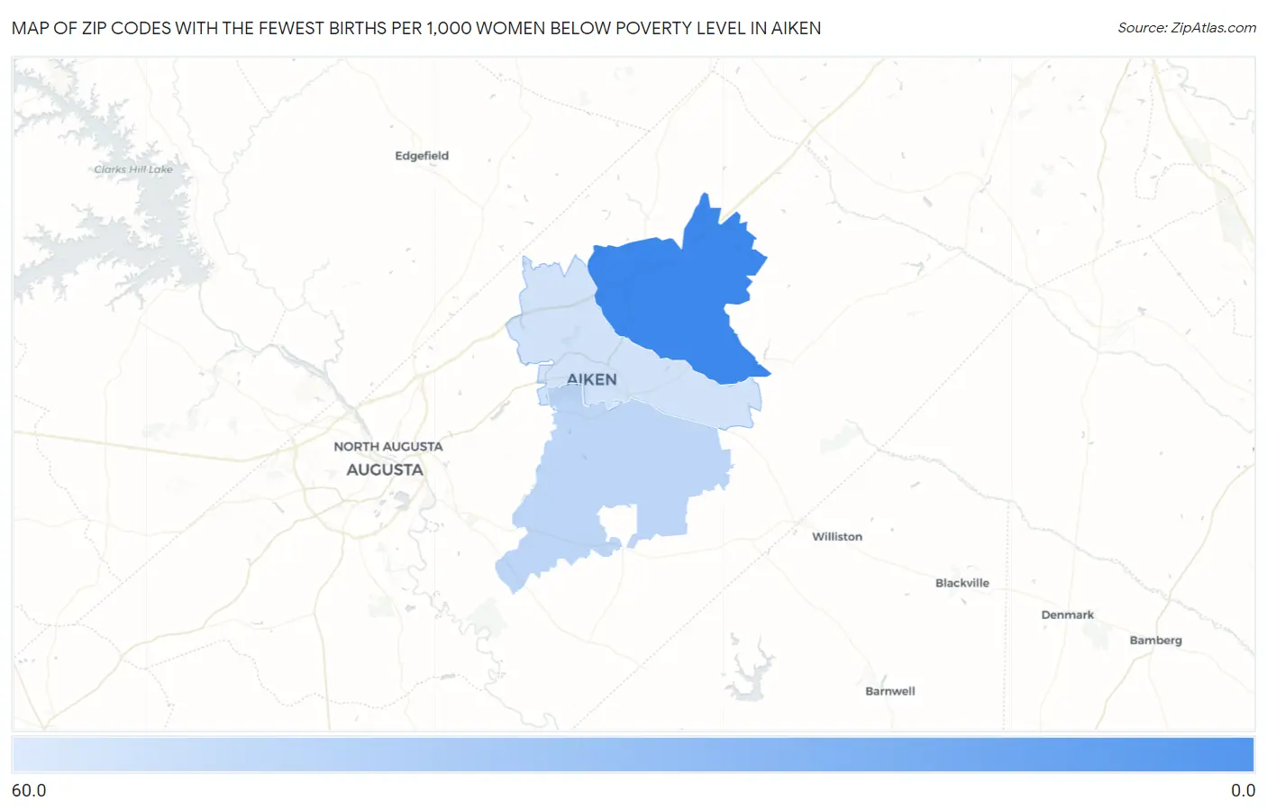 Zip Codes with the Fewest Births per 1,000 Women Below Poverty Level in Aiken Map