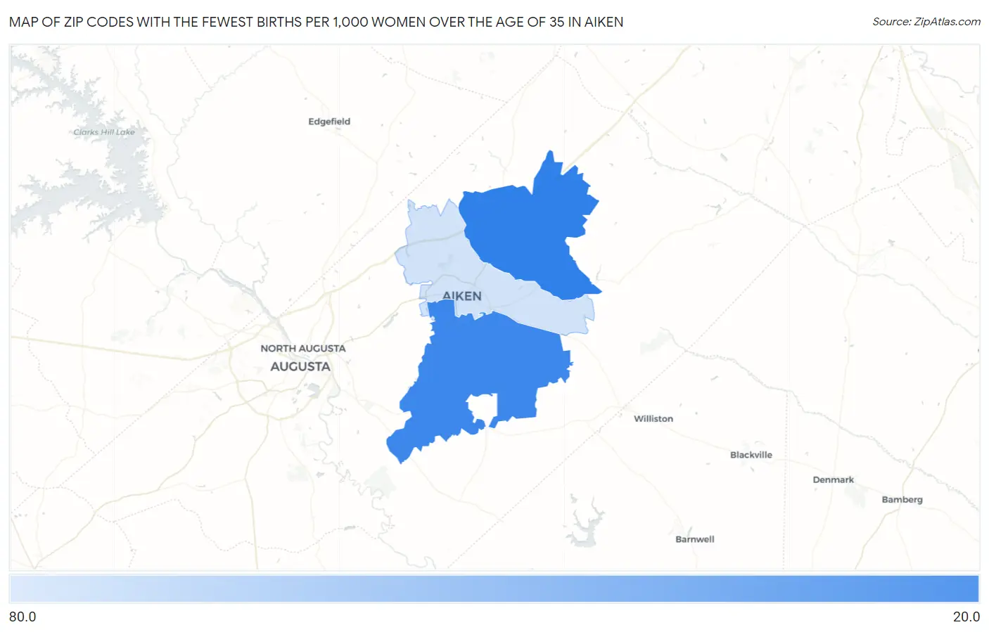 Zip Codes with the Fewest Births per 1,000 Women Over the Age of 35 in Aiken Map