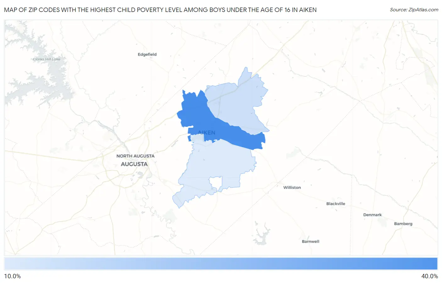 Zip Codes with the Highest Child Poverty Level Among Boys Under the Age of 16 in Aiken Map