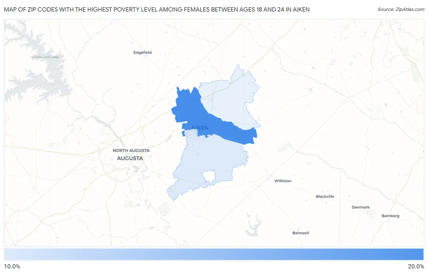 Zip Codes with the Highest Poverty Level Among Females Between Ages 18 and 24 in Aiken Map