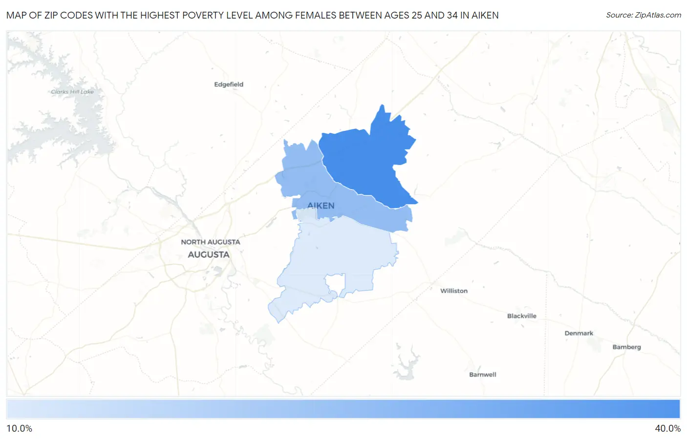 Zip Codes with the Highest Poverty Level Among Females Between Ages 25 and 34 in Aiken Map