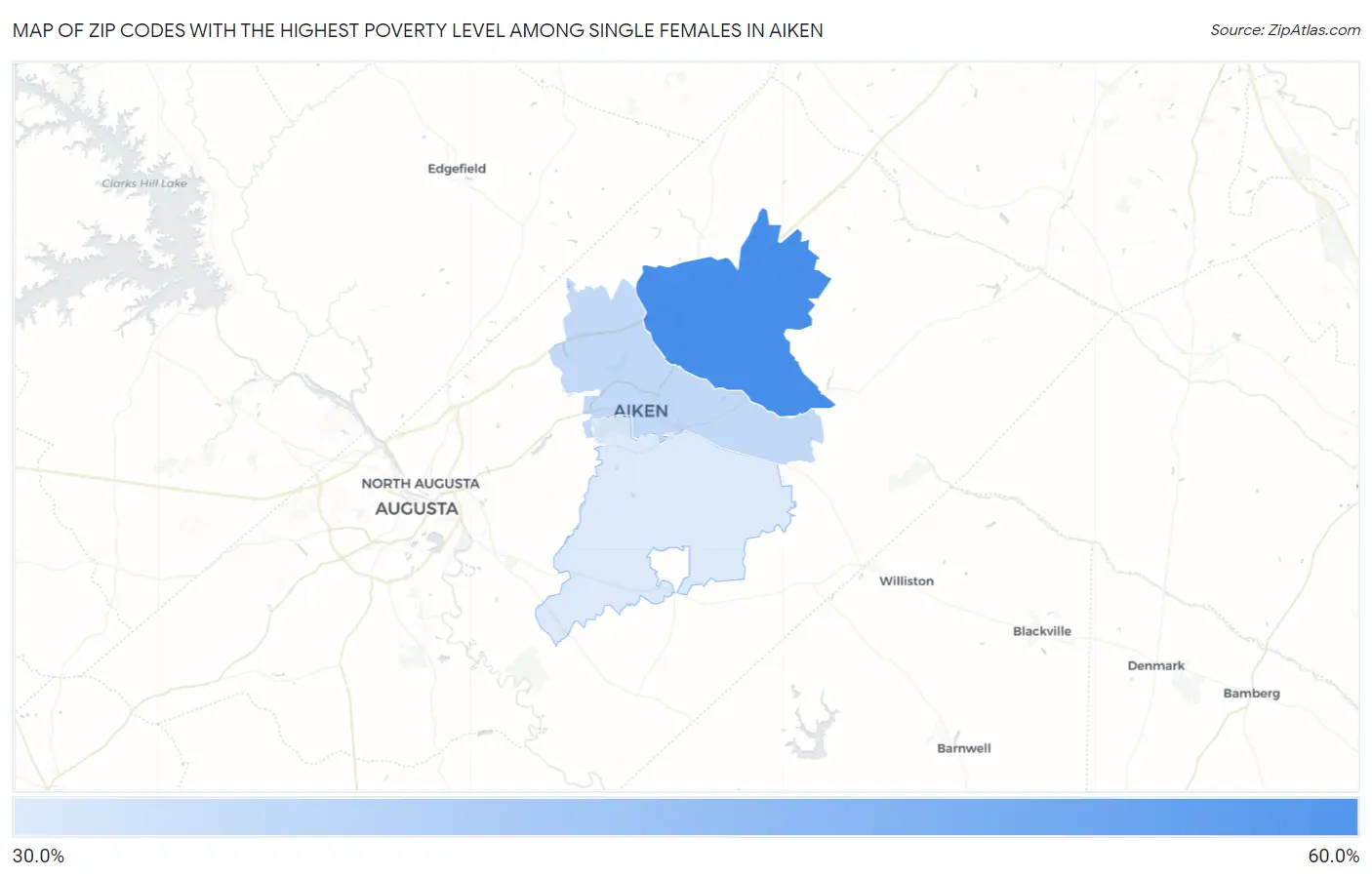 Zip Codes with the Highest Poverty Level Among Single Females in Aiken Map