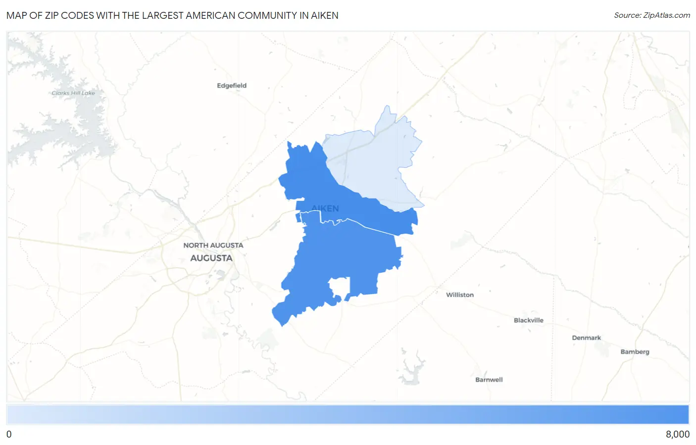 Zip Codes with the Largest American Community in Aiken Map