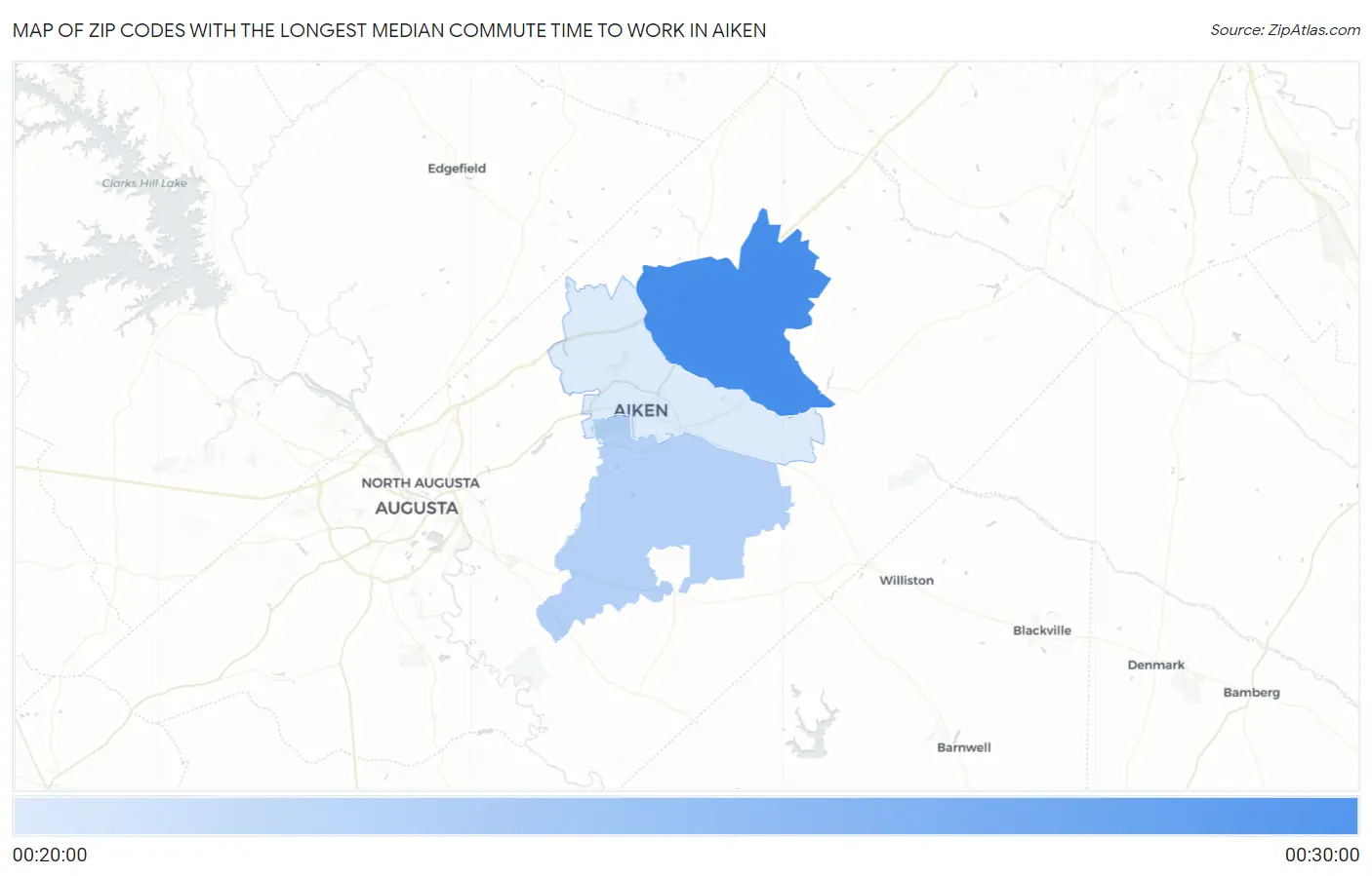 Zip Codes with the Longest Median Commute Time to Work in Aiken Map