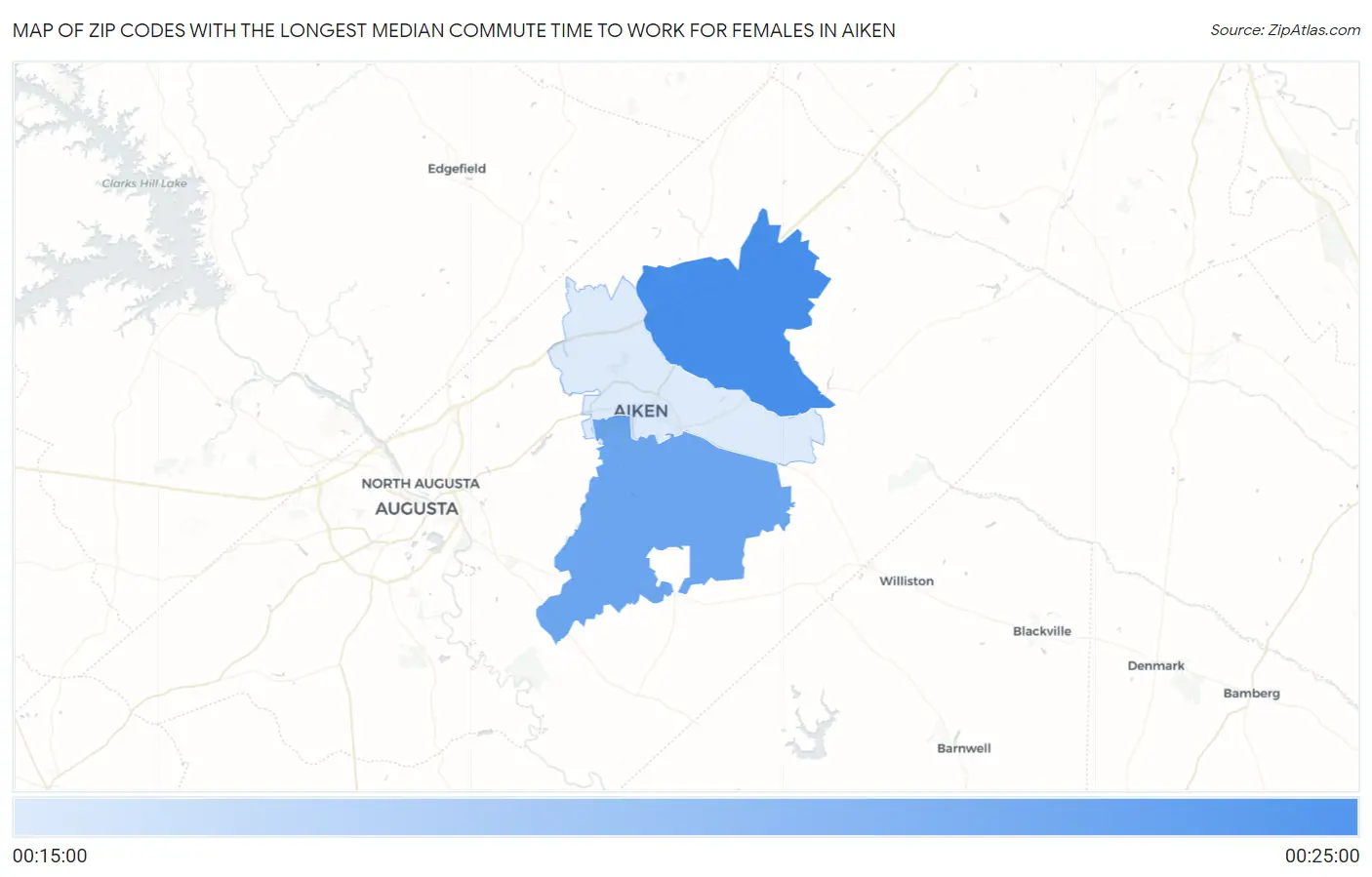 Zip Codes with the Longest Median Commute Time to Work for Females in Aiken Map