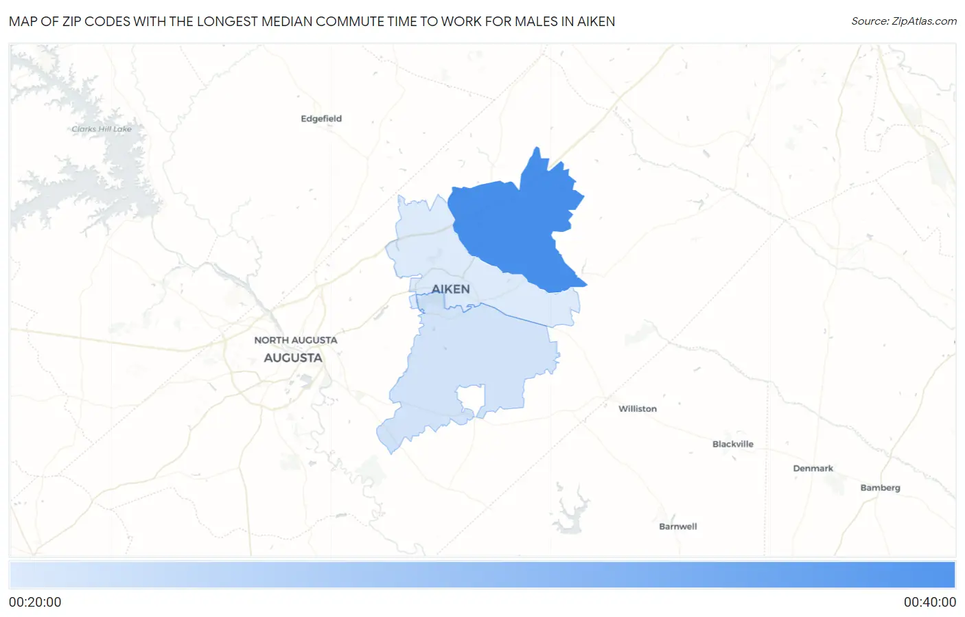 Zip Codes with the Longest Median Commute Time to Work for Males in Aiken Map