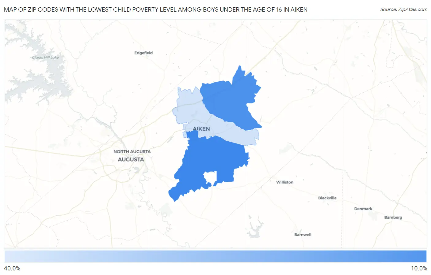 Zip Codes with the Lowest Child Poverty Level Among Boys Under the Age of 16 in Aiken Map
