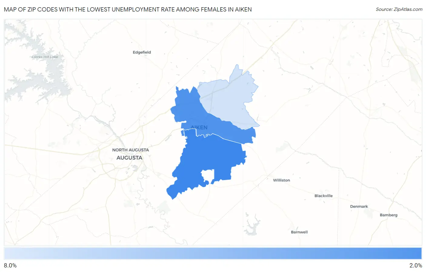 Zip Codes with the Lowest Unemployment Rate Among Females in Aiken Map