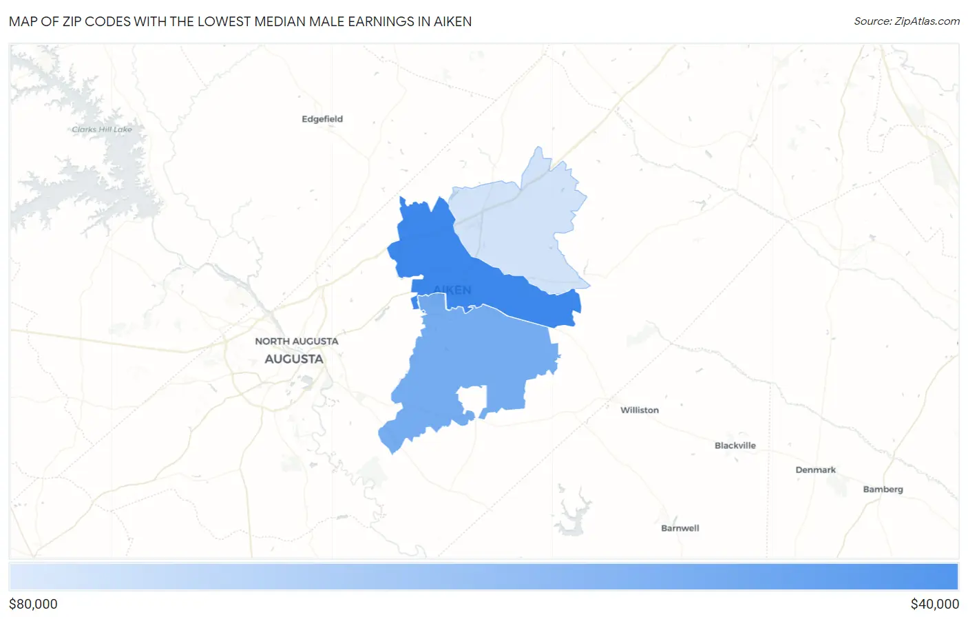 Zip Codes with the Lowest Median Male Earnings in Aiken Map