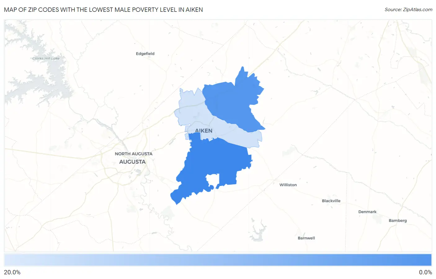Zip Codes with the Lowest Male Poverty Level in Aiken Map
