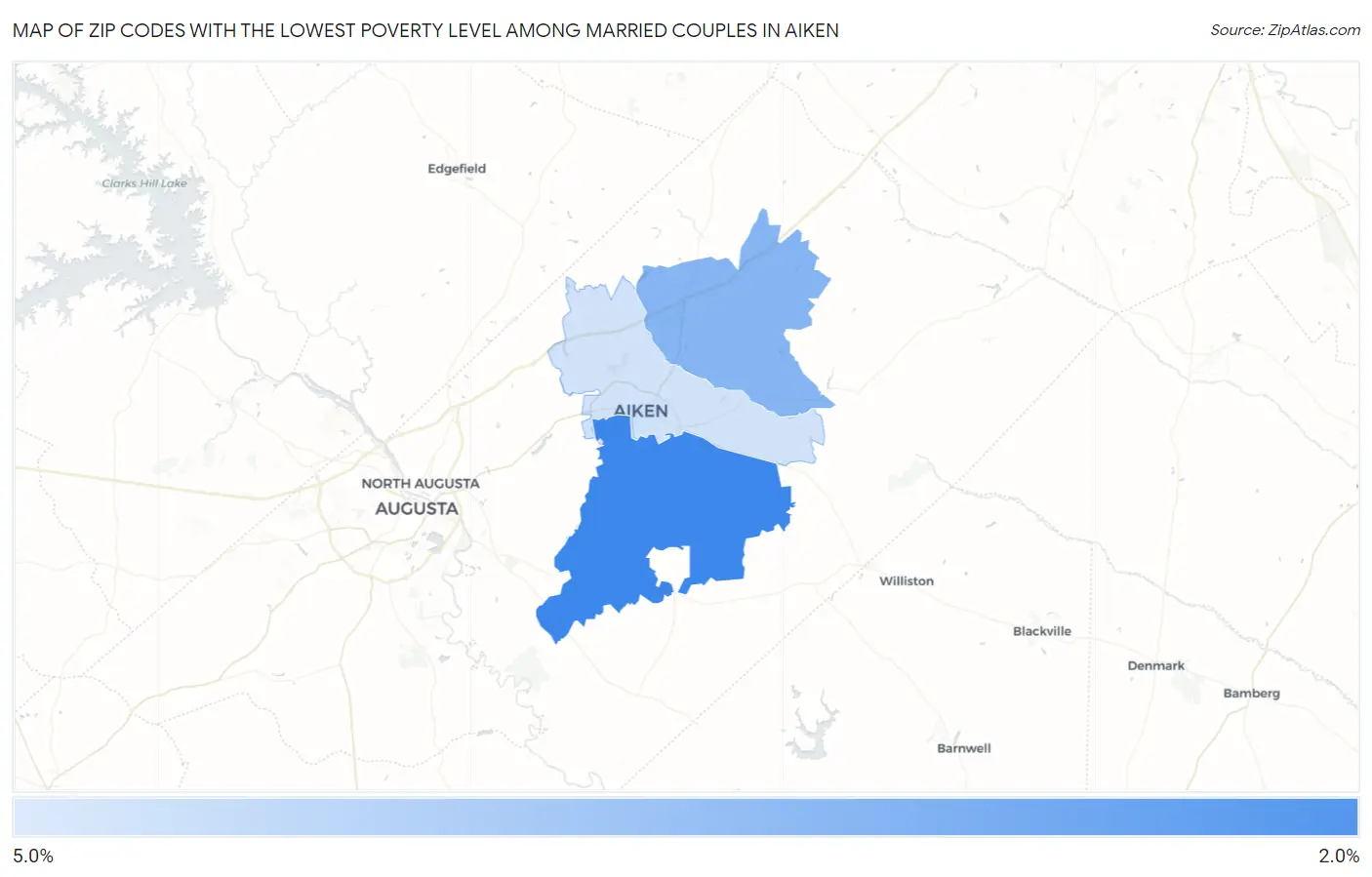 Zip Codes with the Lowest Poverty Level Among Married Couples in Aiken Map