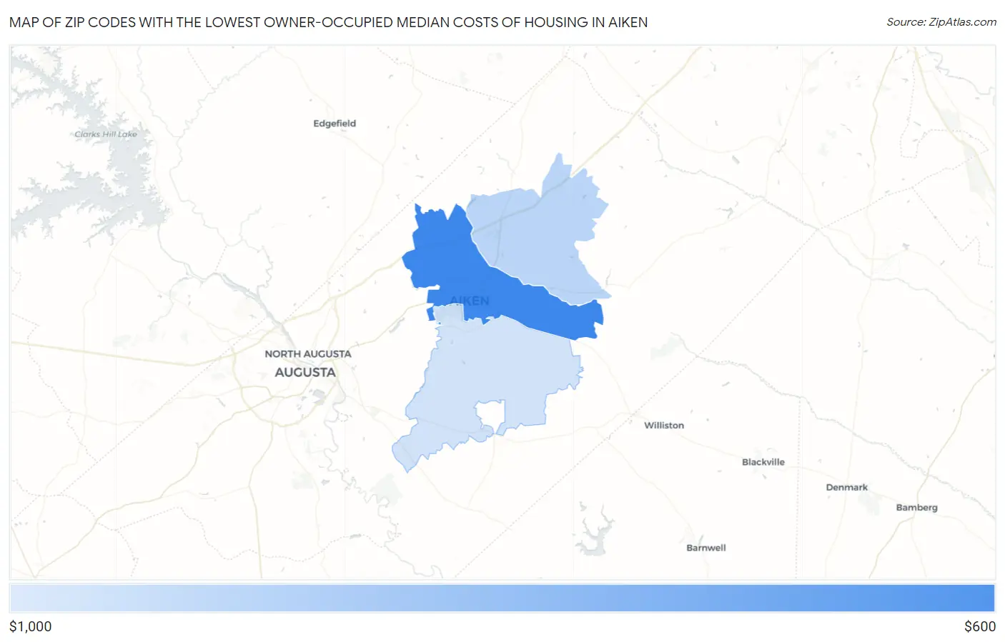 Zip Codes with the Lowest Owner-Occupied Median Costs of Housing in Aiken Map