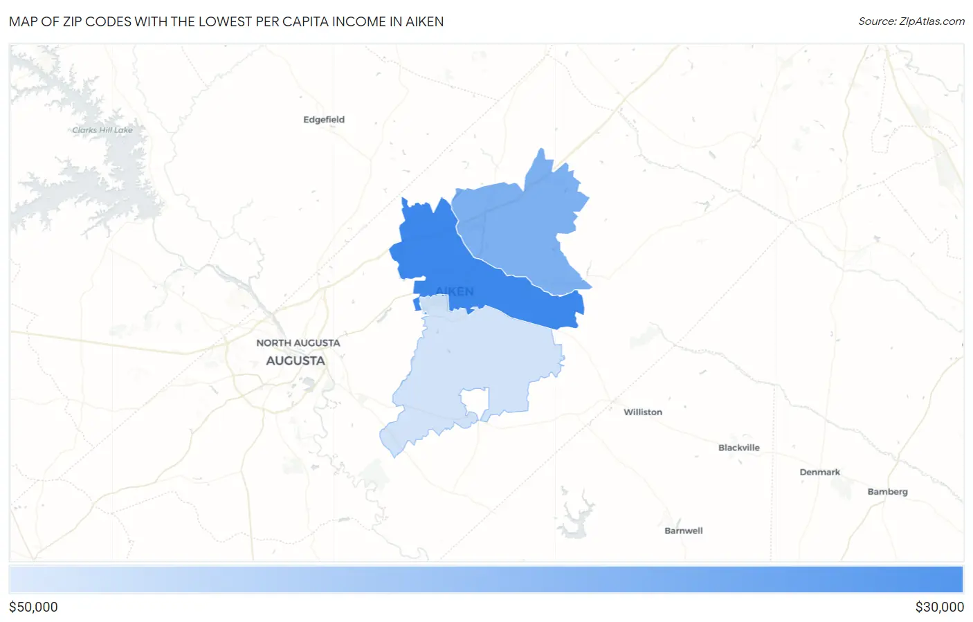 Zip Codes with the Lowest Per Capita Income in Aiken Map