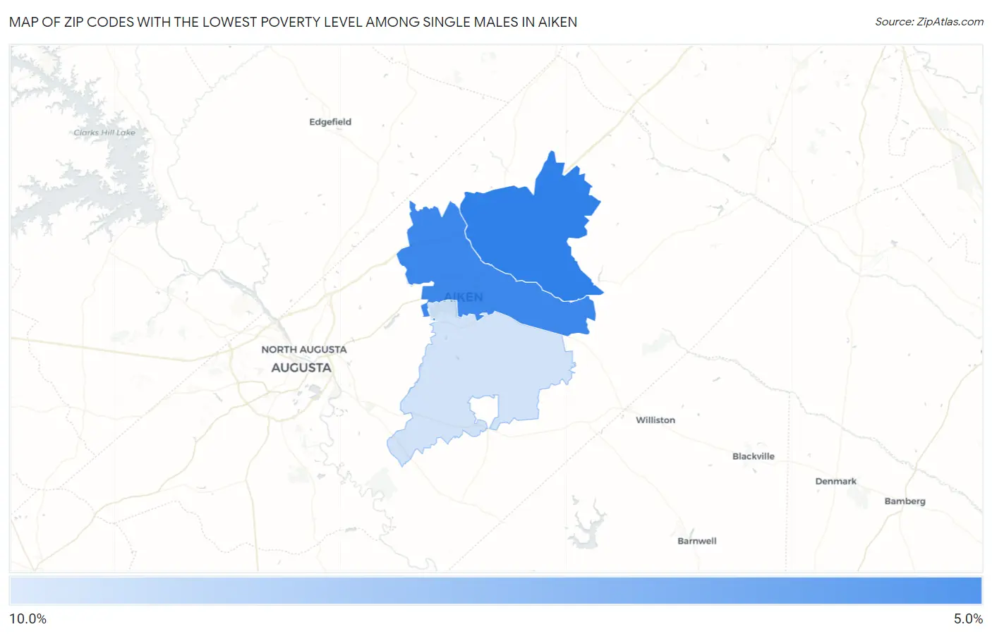 Zip Codes with the Lowest Poverty Level Among Single Males in Aiken Map
