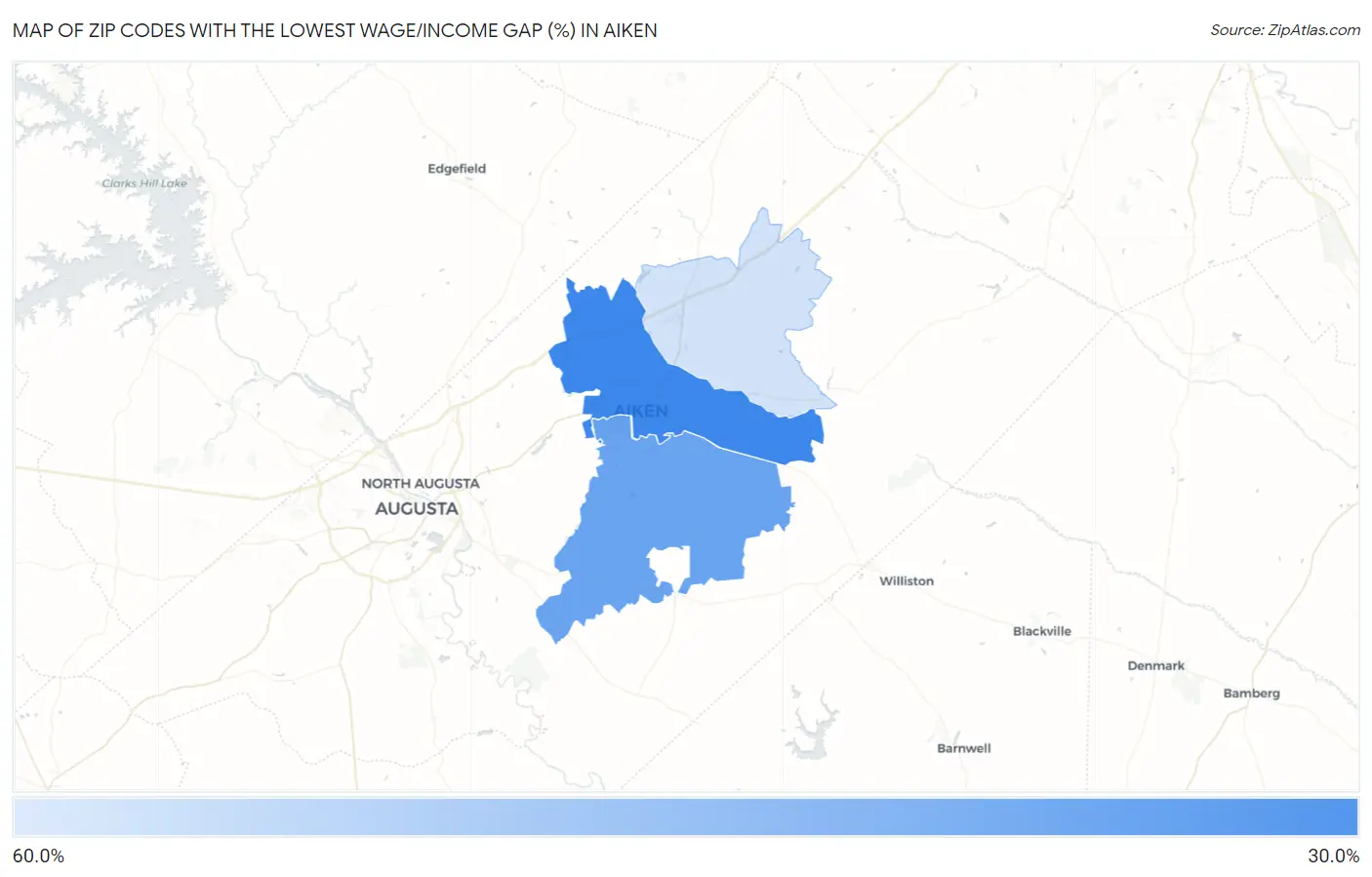 Zip Codes with the Lowest Wage/Income Gap (%) in Aiken Map