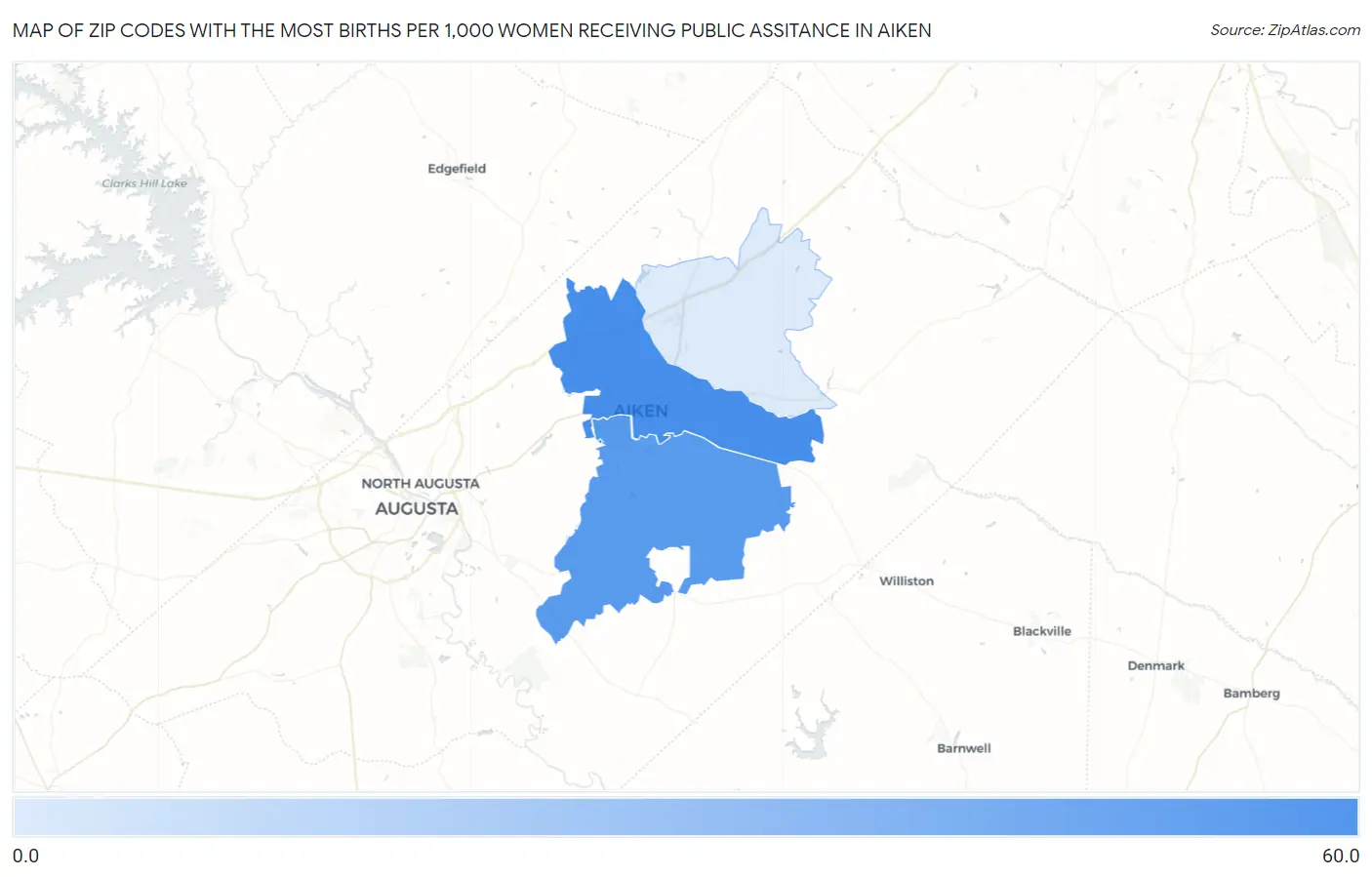 Zip Codes with the Most Births per 1,000 Women Receiving Public Assitance in Aiken Map