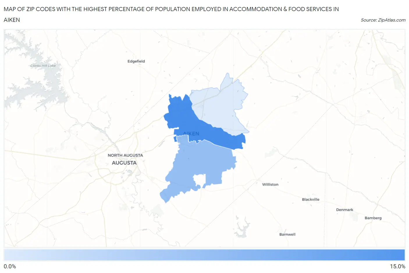Zip Codes with the Highest Percentage of Population Employed in Accommodation & Food Services in Aiken Map