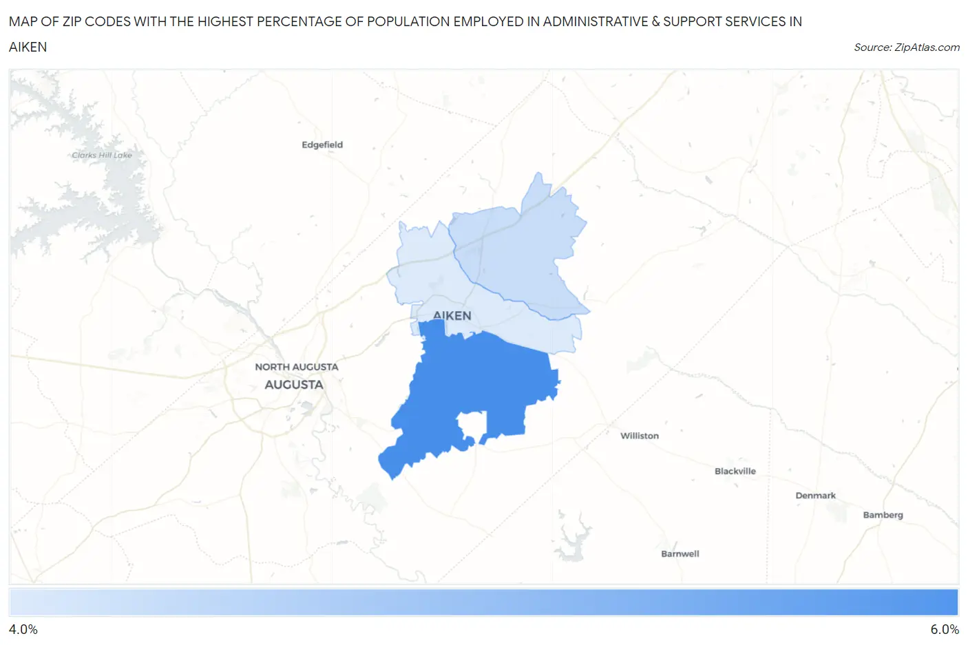Zip Codes with the Highest Percentage of Population Employed in Administrative & Support Services in Aiken Map