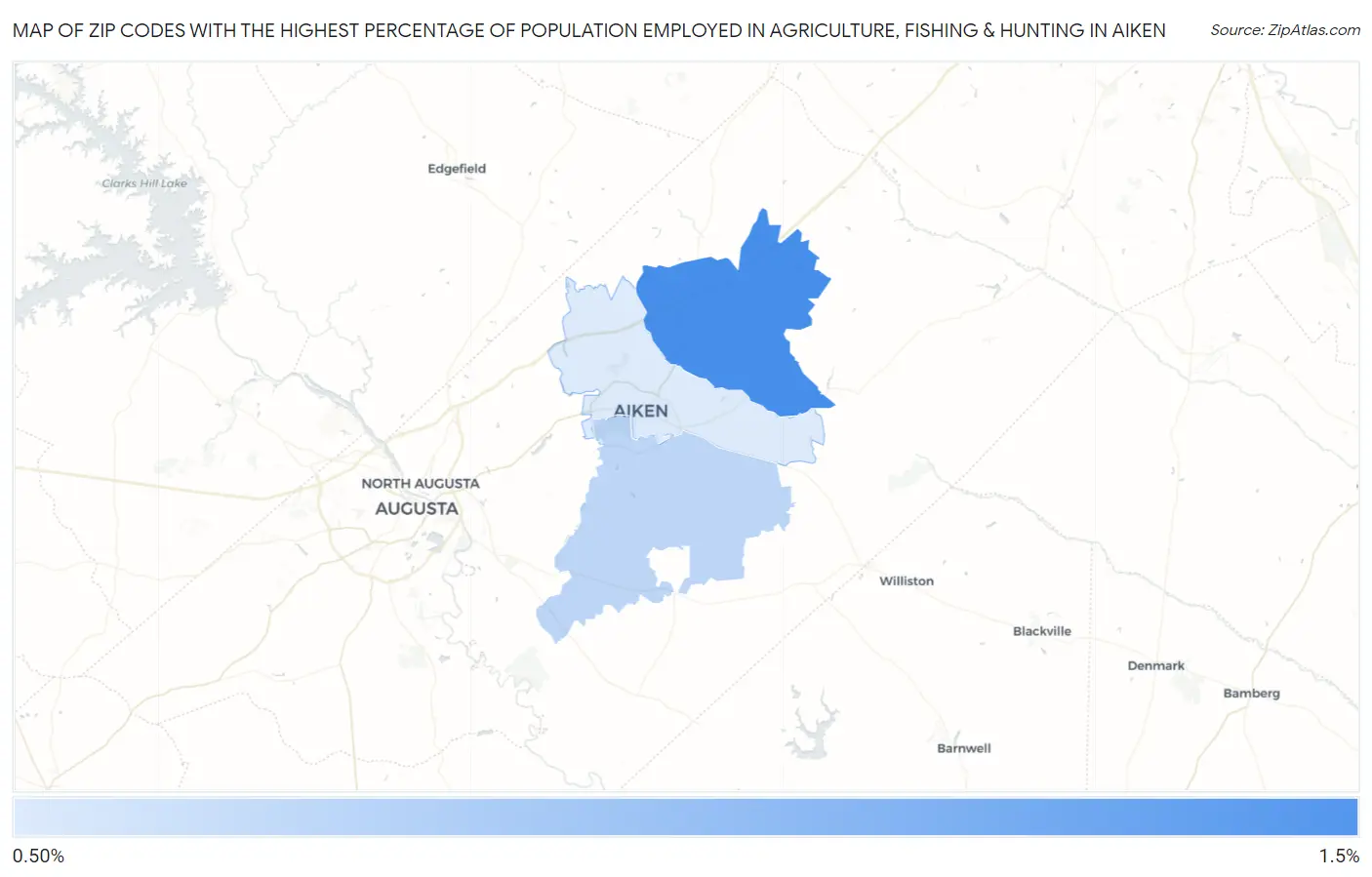 Zip Codes with the Highest Percentage of Population Employed in Agriculture, Fishing & Hunting in Aiken Map