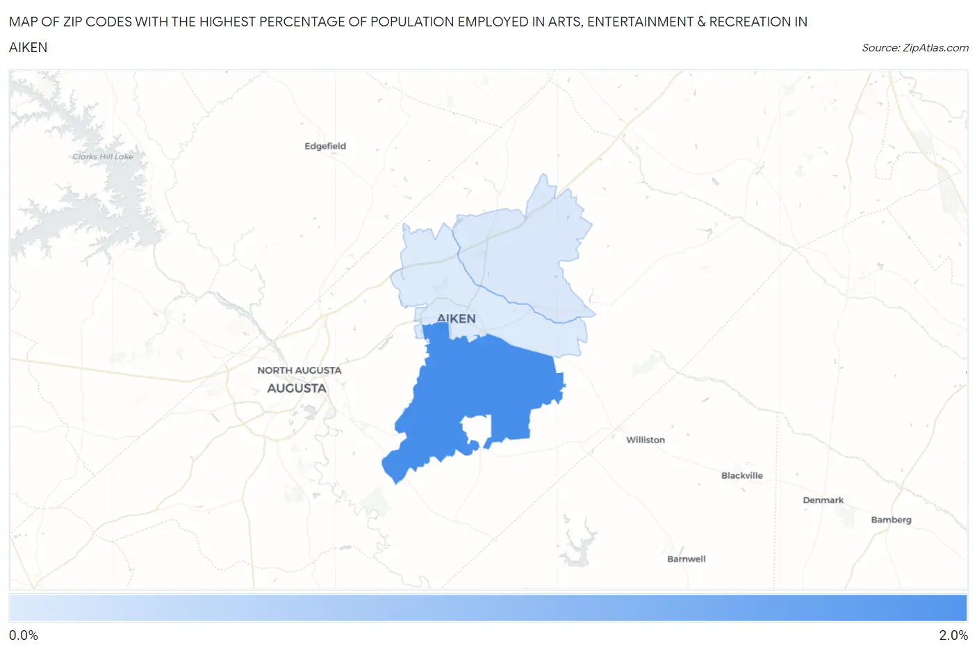 Zip Codes with the Highest Percentage of Population Employed in Arts, Entertainment & Recreation in Aiken Map