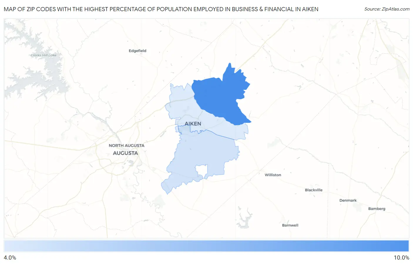 Zip Codes with the Highest Percentage of Population Employed in Business & Financial in Aiken Map