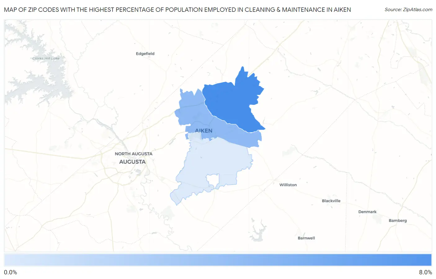 Zip Codes with the Highest Percentage of Population Employed in Cleaning & Maintenance in Aiken Map