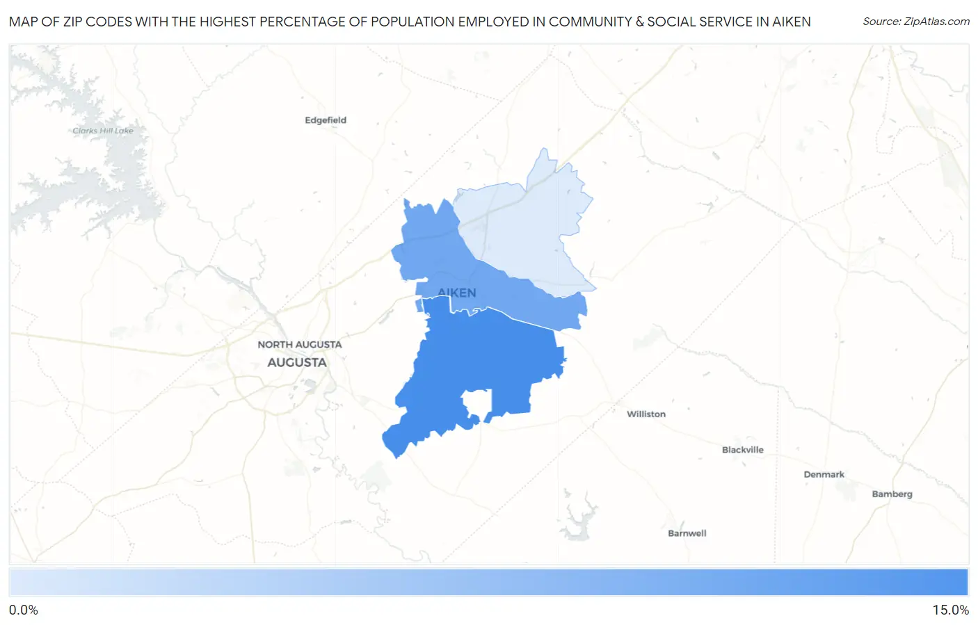 Zip Codes with the Highest Percentage of Population Employed in Community & Social Service  in Aiken Map