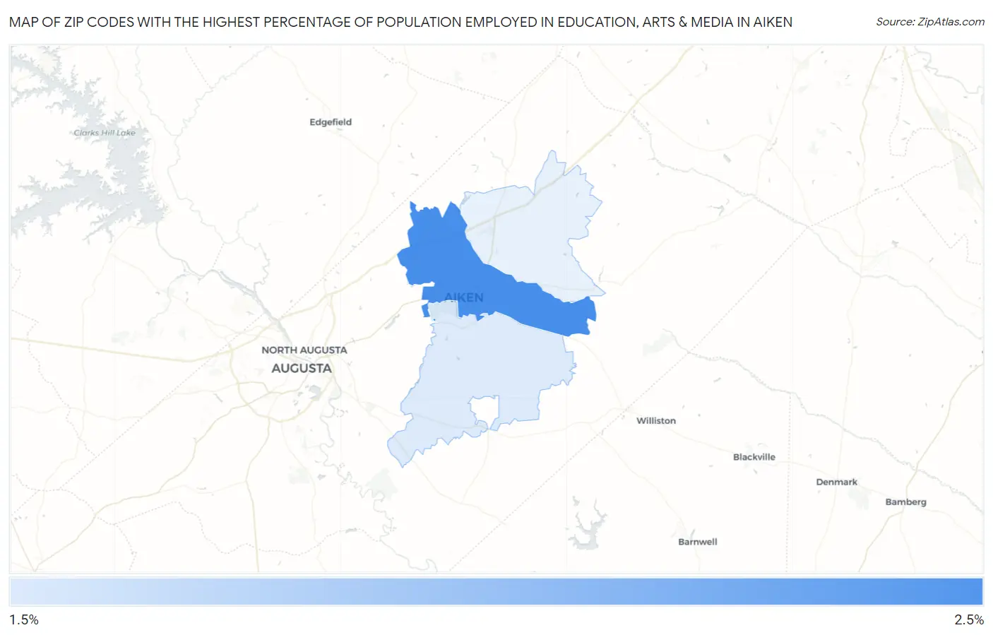 Zip Codes with the Highest Percentage of Population Employed in Education, Arts & Media in Aiken Map