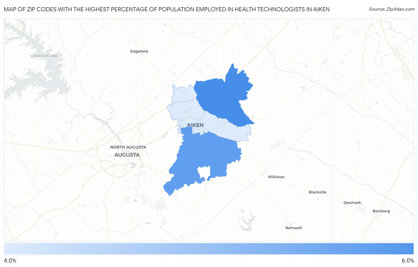 Zip Codes with the Highest Percentage of Population Employed in Health Technologists in Aiken Map