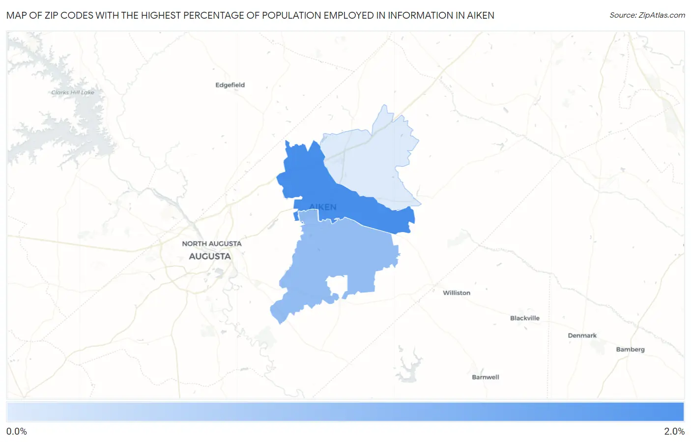 Zip Codes with the Highest Percentage of Population Employed in Information in Aiken Map