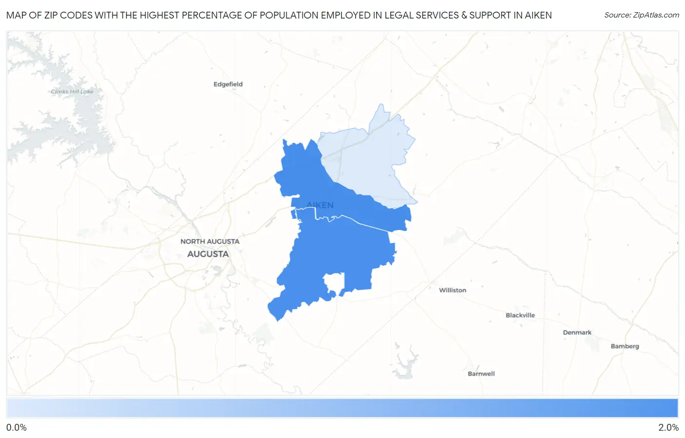Zip Codes with the Highest Percentage of Population Employed in Legal Services & Support in Aiken Map