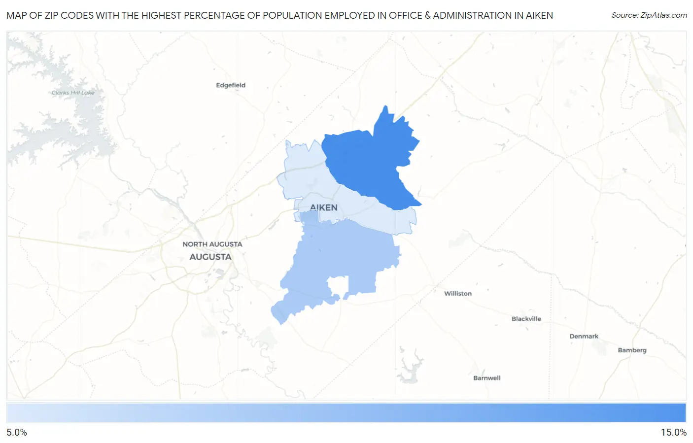 Zip Codes with the Highest Percentage of Population Employed in Office & Administration in Aiken Map