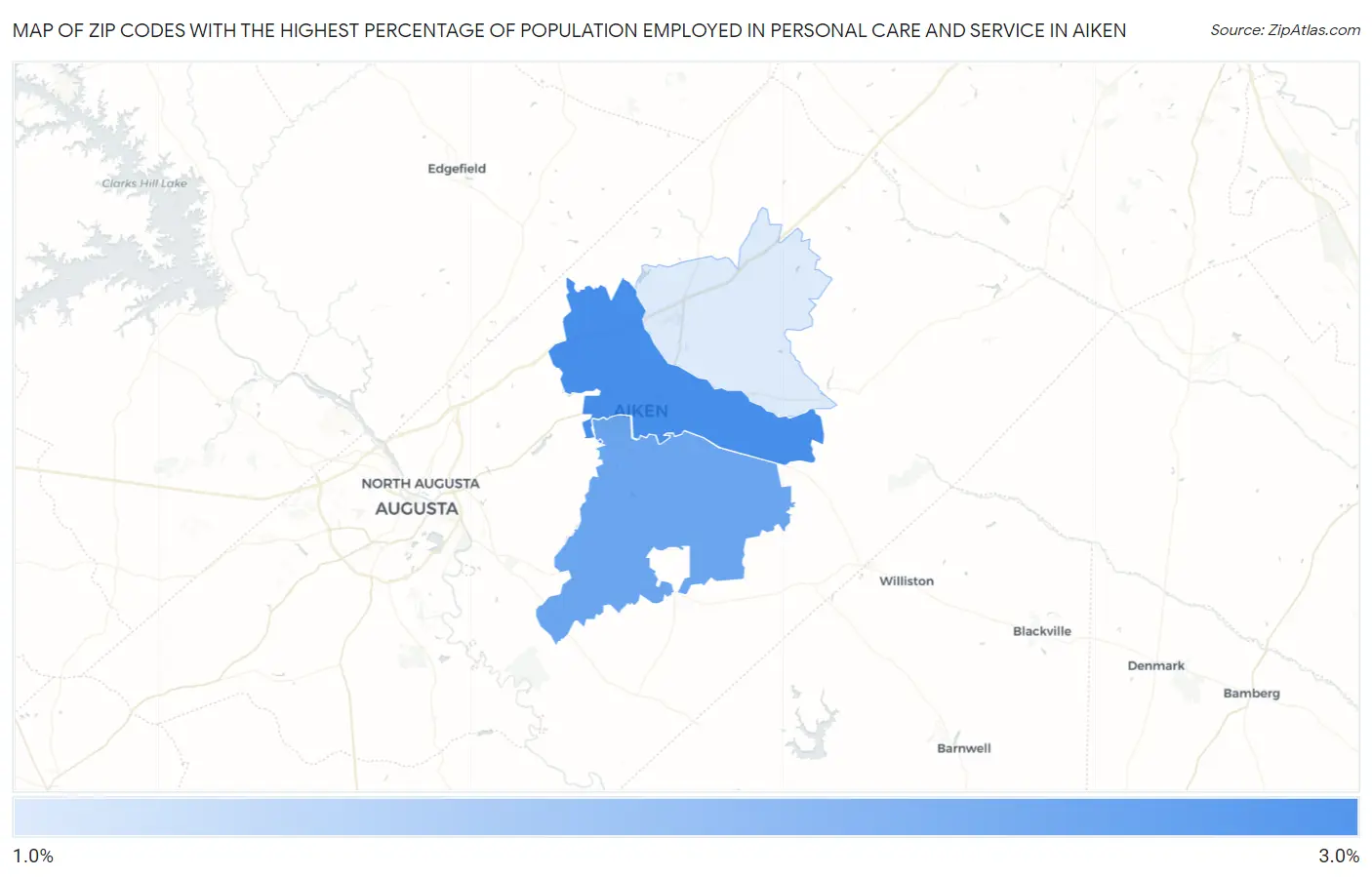 Zip Codes with the Highest Percentage of Population Employed in Personal Care and Service in Aiken Map