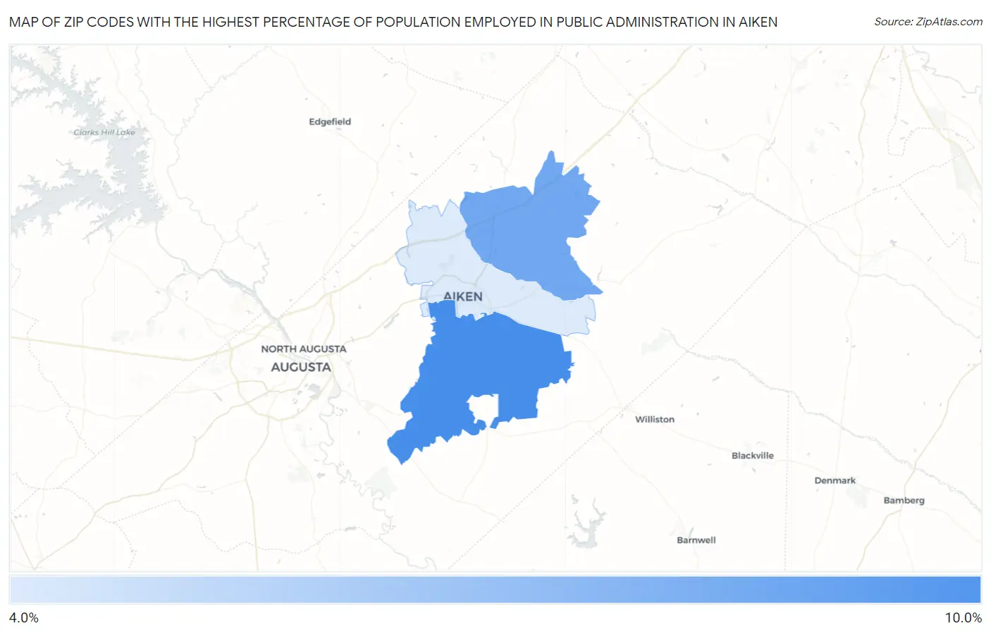 Zip Codes with the Highest Percentage of Population Employed in Public Administration in Aiken Map