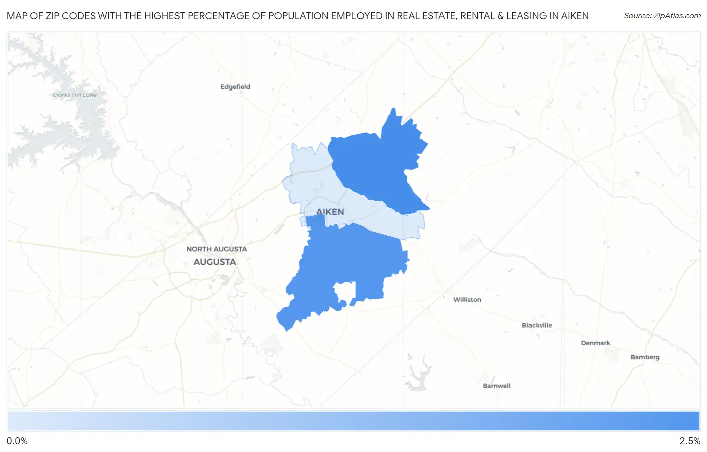 Zip Codes with the Highest Percentage of Population Employed in Real Estate, Rental & Leasing in Aiken Map