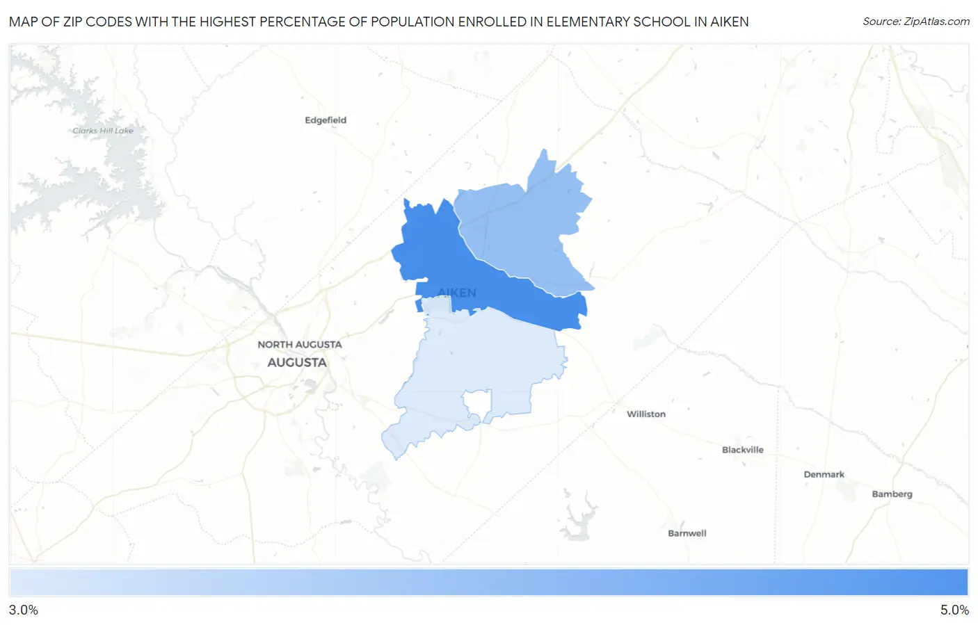 Zip Codes with the Highest Percentage of Population Enrolled in Elementary School in Aiken Map
