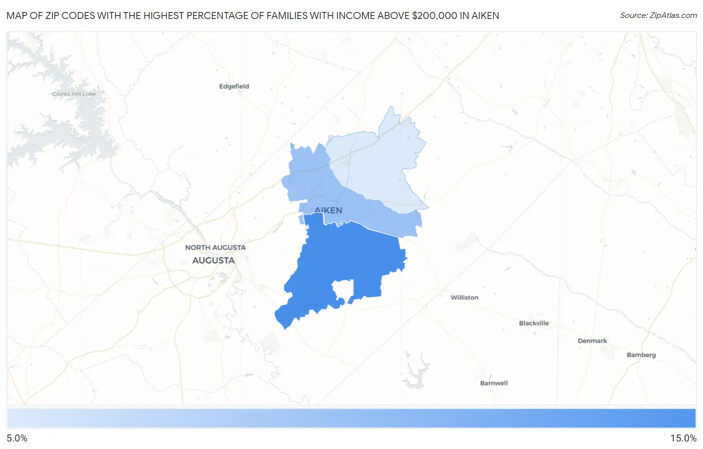 Zip Codes with the Highest Percentage of Families with Income Above $200,000 in Aiken Map