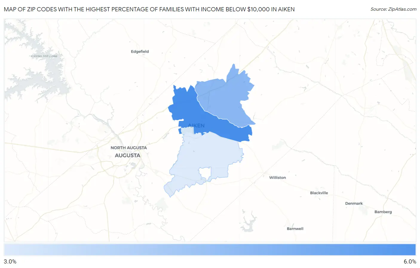 Zip Codes with the Highest Percentage of Families with Income Below $10,000 in Aiken Map