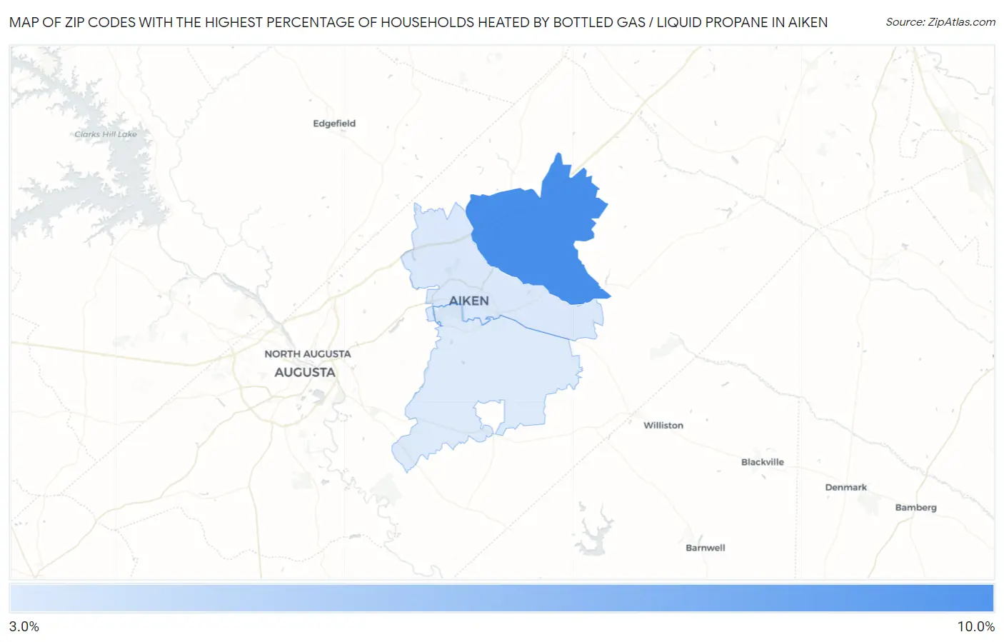 Zip Codes with the Highest Percentage of Households Heated by Bottled Gas / Liquid Propane in Aiken Map
