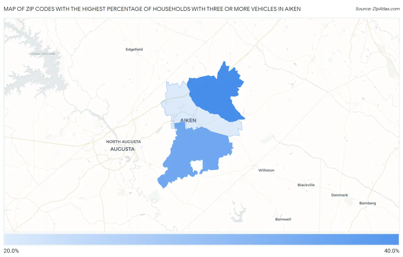 Zip Codes with the Highest Percentage of Households With Three or more Vehicles in Aiken Map