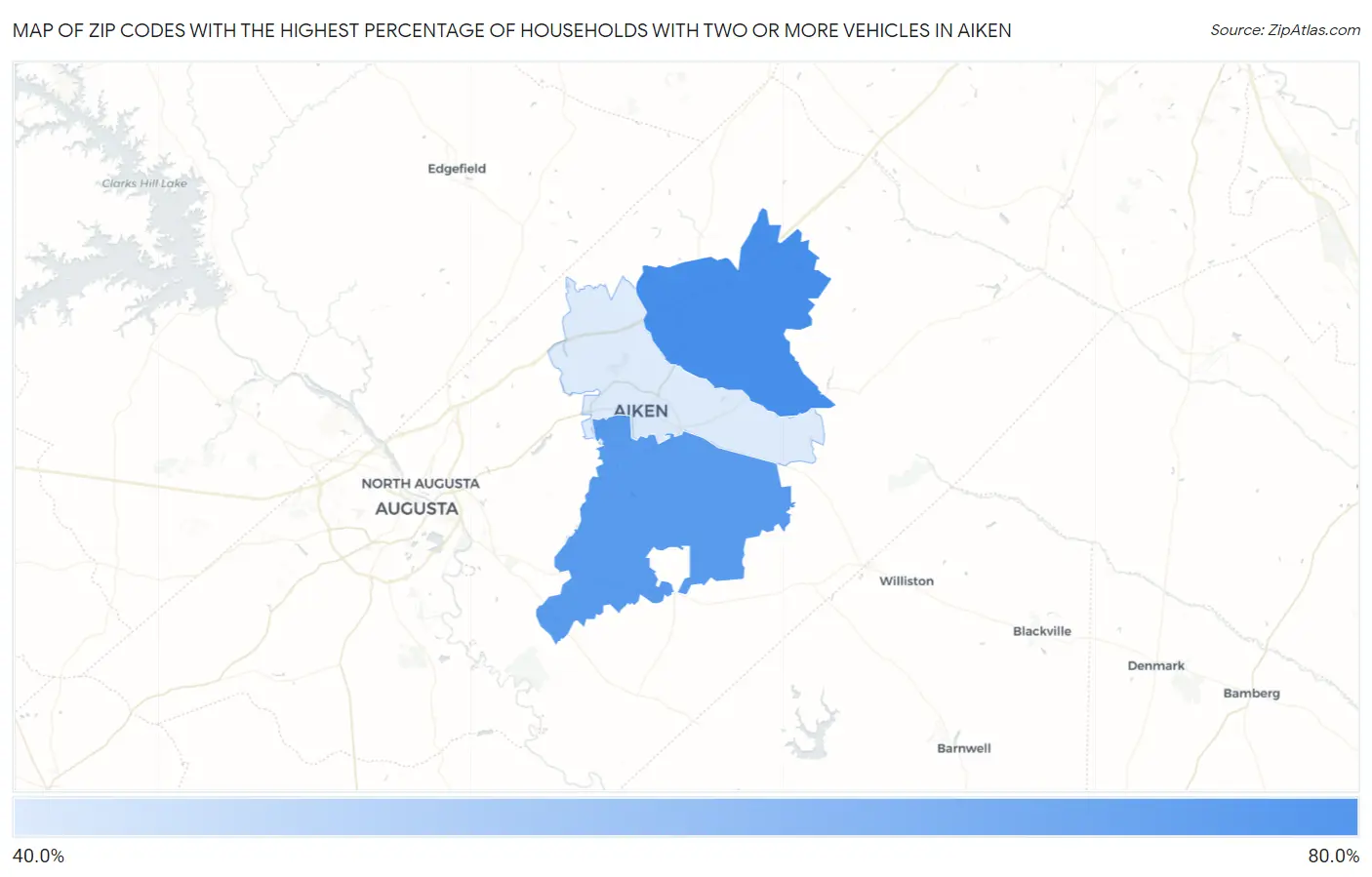 Zip Codes with the Highest Percentage of Households With Two or more Vehicles in Aiken Map
