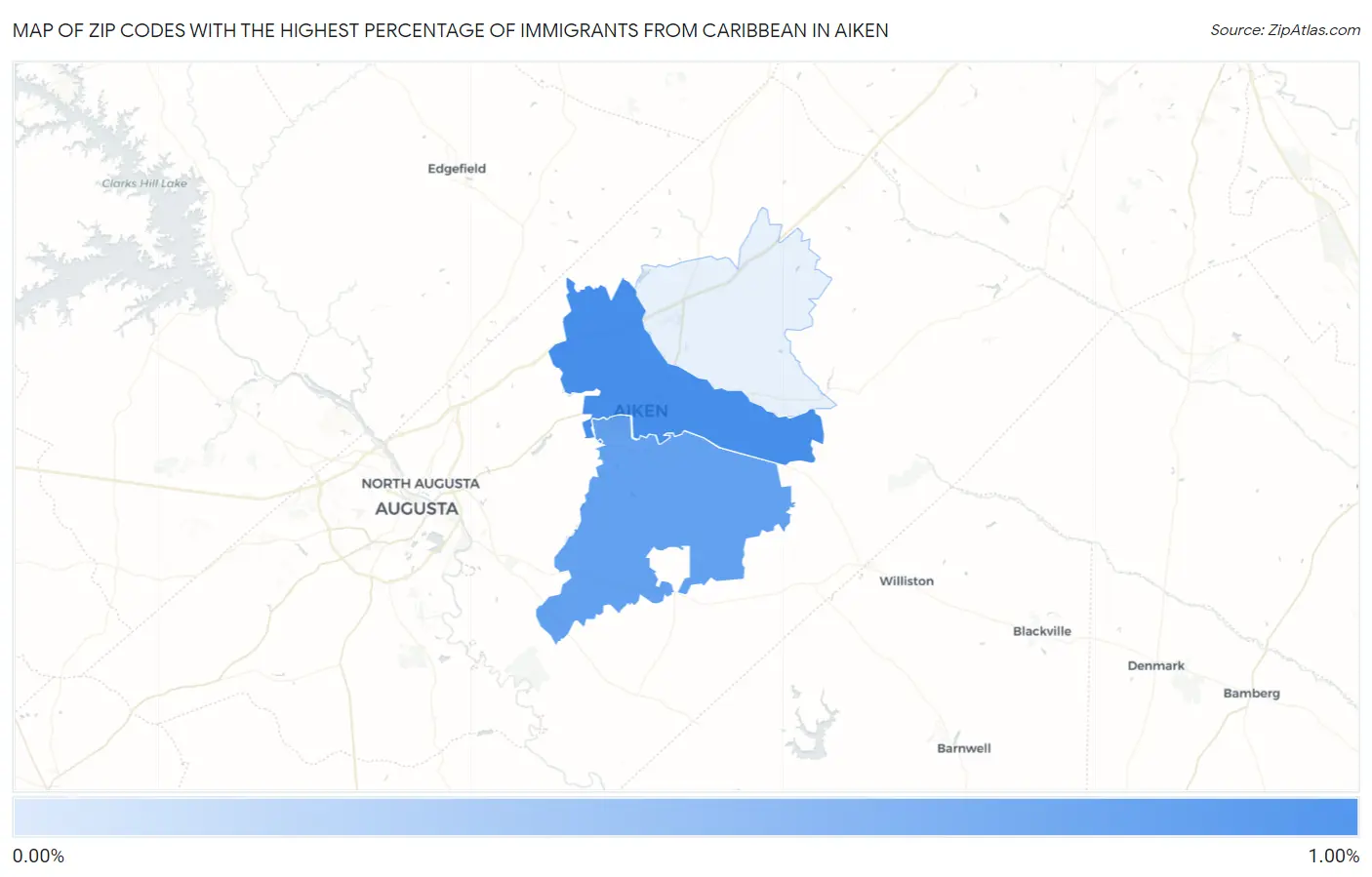 Zip Codes with the Highest Percentage of Immigrants from Caribbean in Aiken Map