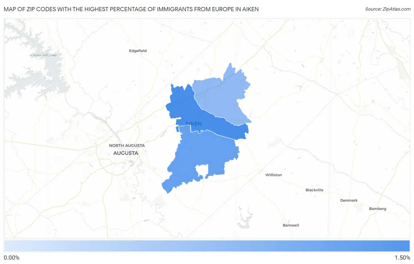Zip Codes with the Highest Percentage of Immigrants from Europe in Aiken Map