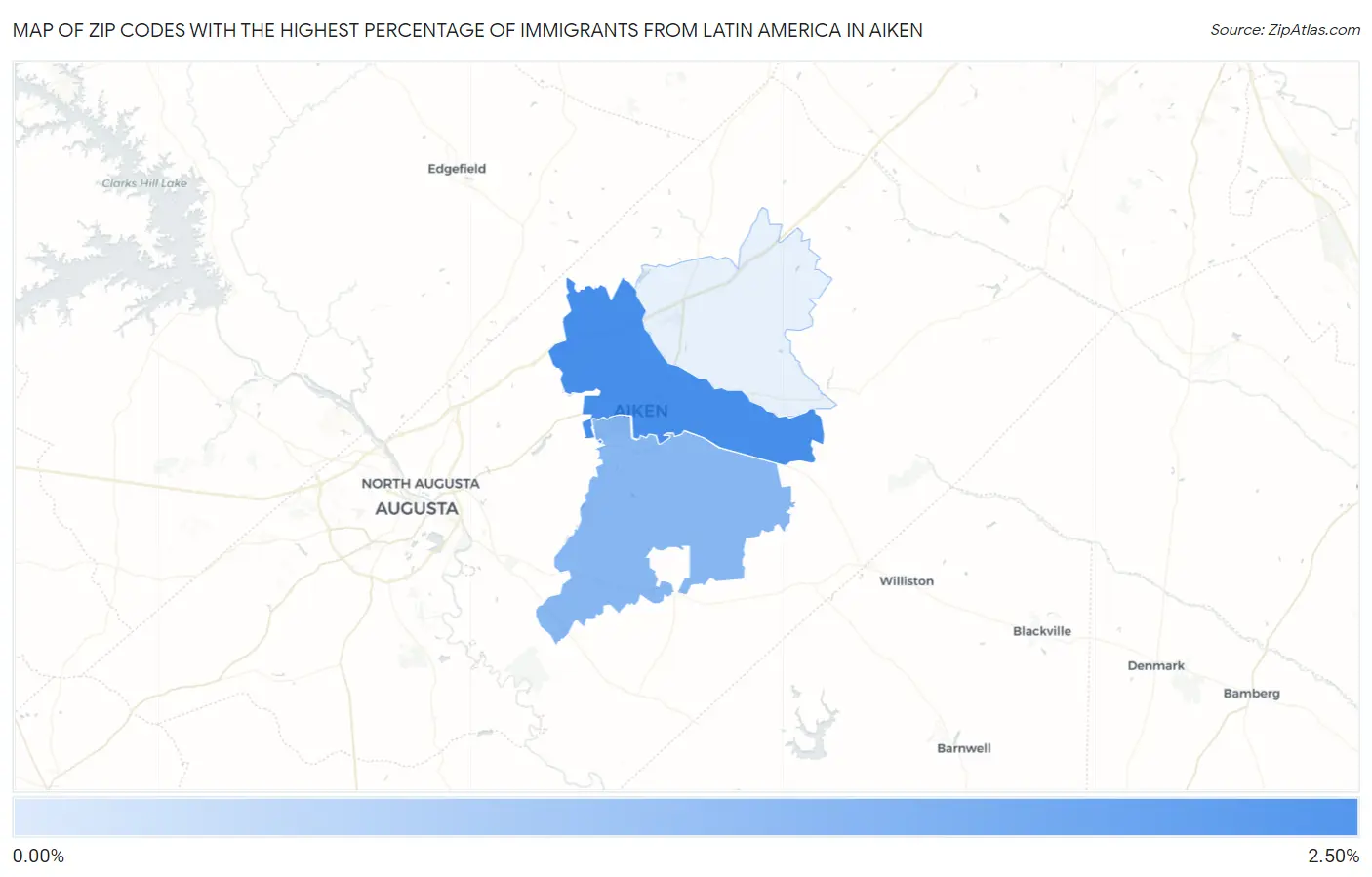 Zip Codes with the Highest Percentage of Immigrants from Latin America in Aiken Map