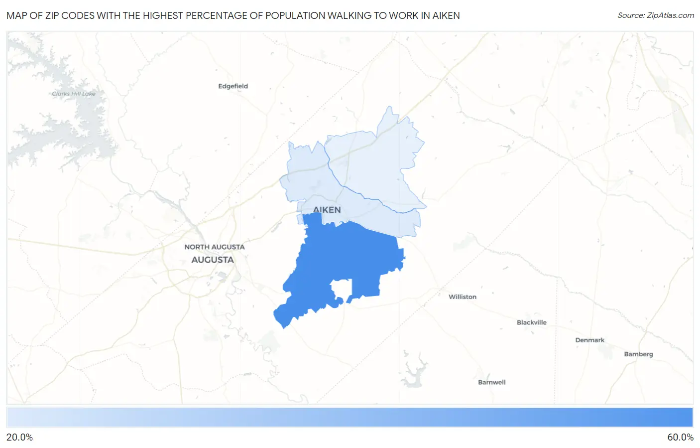 Zip Codes with the Highest Percentage of Population Walking to Work in Aiken Map