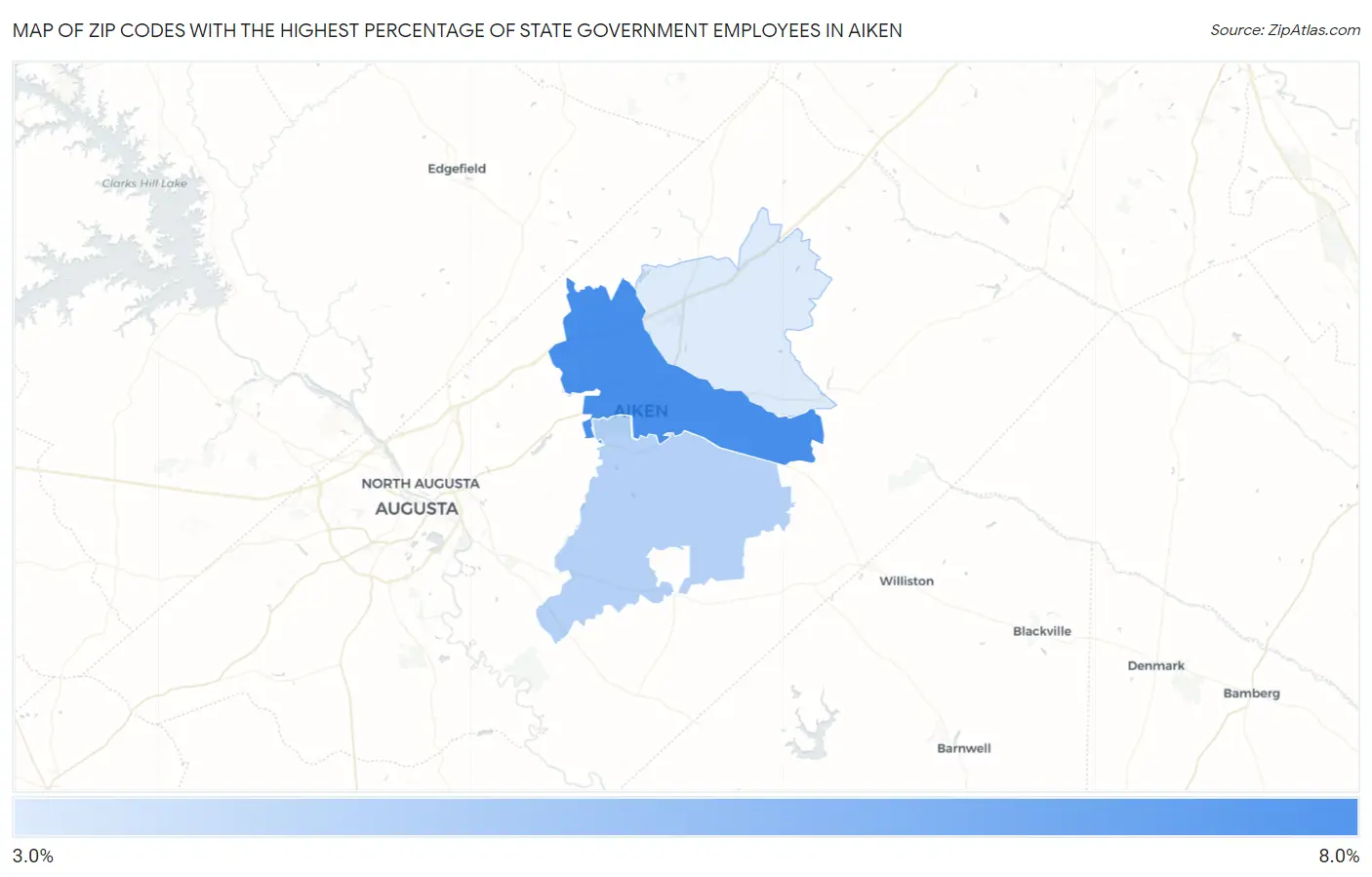 Zip Codes with the Highest Percentage of State Government Employees in Aiken Map