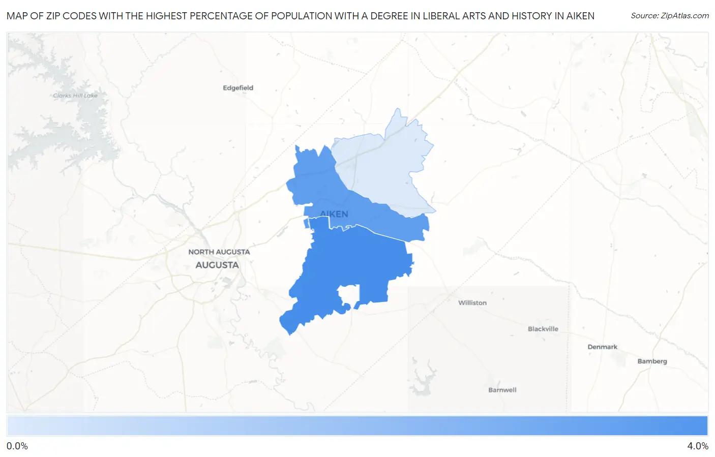Zip Codes with the Highest Percentage of Population with a Degree in Liberal Arts and History in Aiken Map