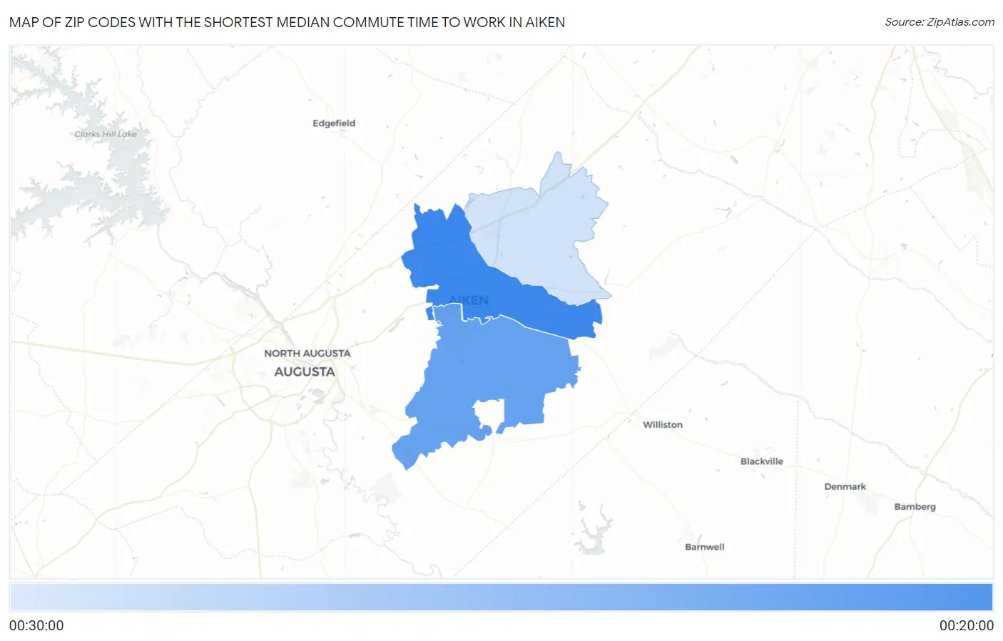 Zip Codes with the Shortest Median Commute Time to Work in Aiken Map