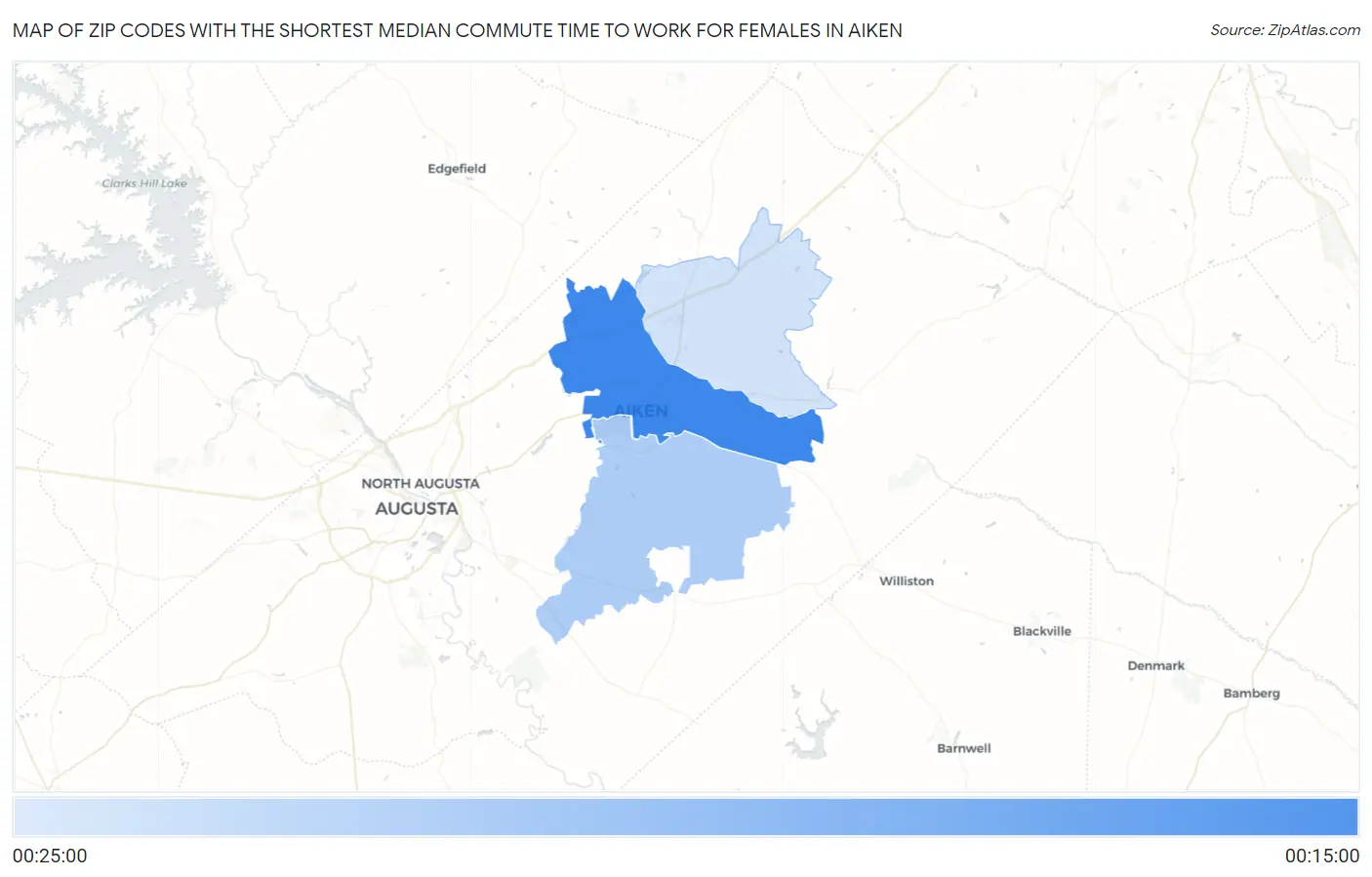 Zip Codes with the Shortest Median Commute Time to Work for Females in Aiken Map