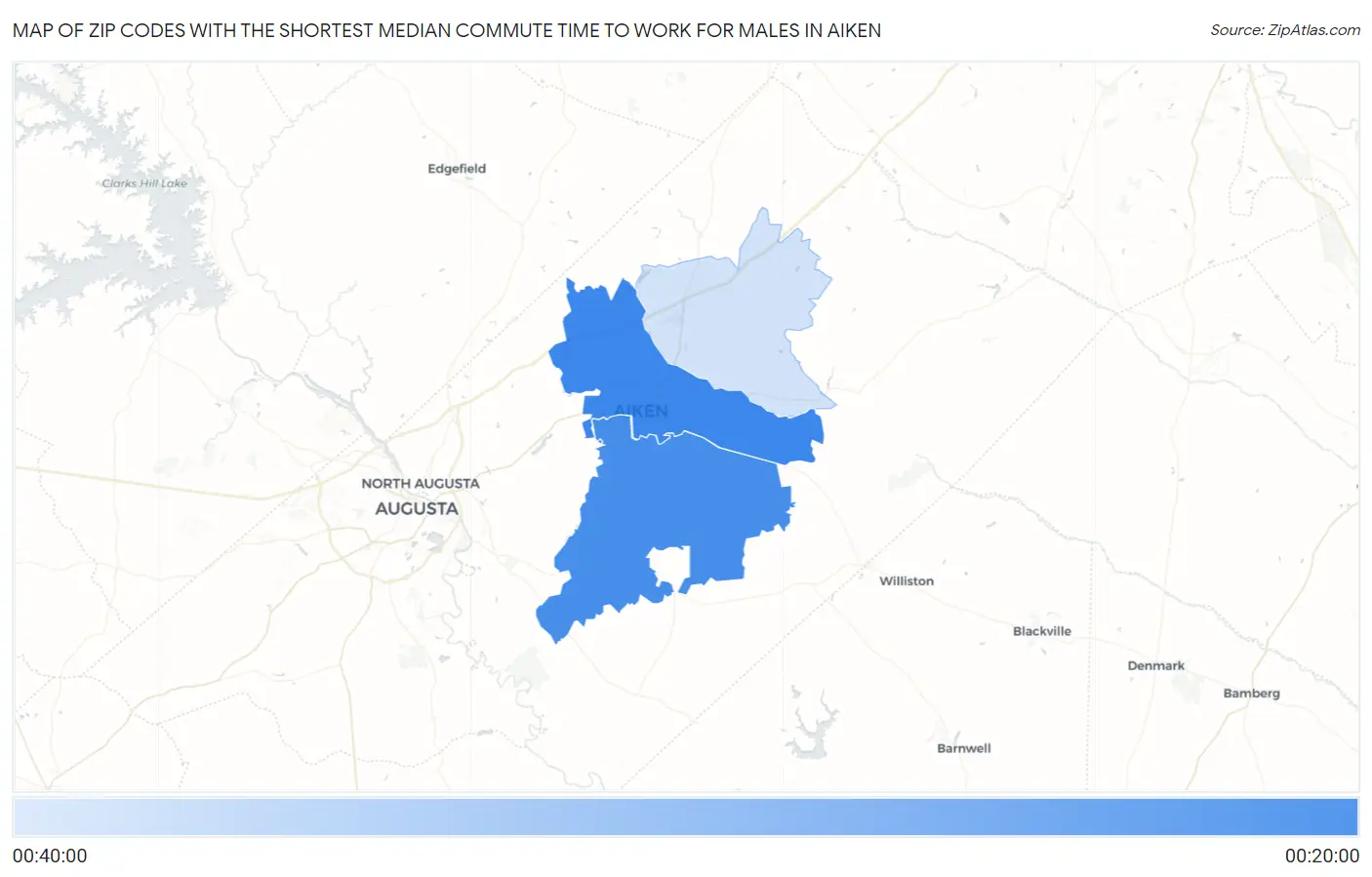 Zip Codes with the Shortest Median Commute Time to Work for Males in Aiken Map